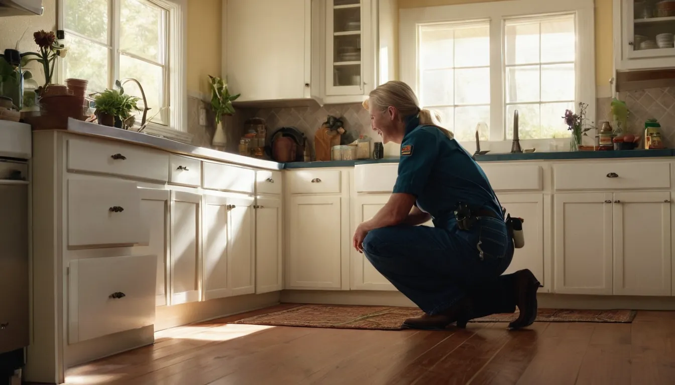 Friendly pest control provider inspecting a kitchen baseboard with a homeowner in a home near Scandia